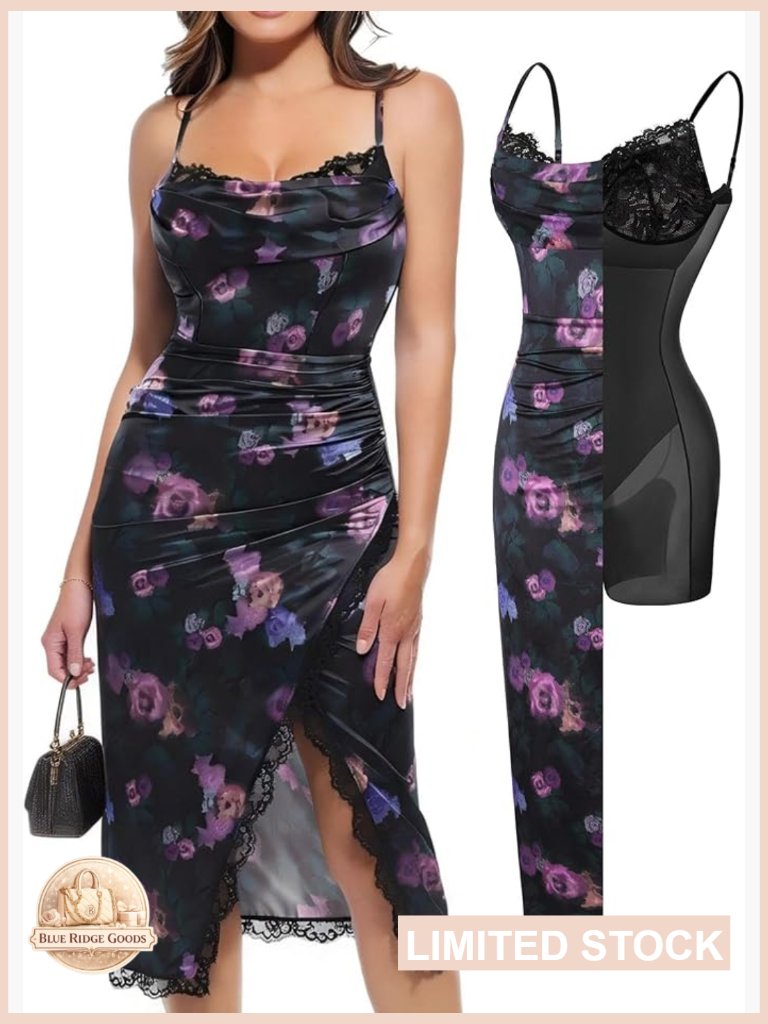 Satin Ruched Midi Dress Built-In Shapewear Corset Bodycon Cocktail